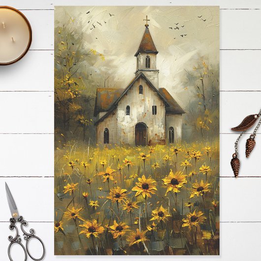 Witte Kerk Gele Wildbloemen Rustieke Decoupage Tissuepapier