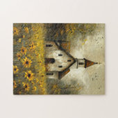 Witte Kerk Gele Wilde Bloemen Rustiek Legpuzzel (Horizontaal)