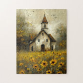 Witte Kerk Gele Wilde Bloemen Rustiek Legpuzzel (Verticaal)