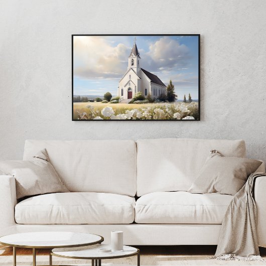 Witte Kerk in een bloemenveld Religieus Poster