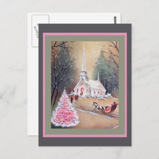 Witte kerkroze kerstboom briefkaart (Voorkant / Achterkant)