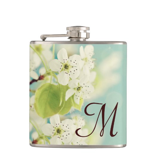 Witte Kersenbloesem Bloesem Monogram Whiskey Flask Heupfles (Voorkant)