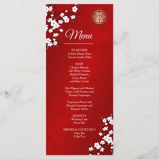 Witte Kersenbloesem Chinees Trouwmenu Kaart (Voorkant)