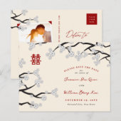 Witte Kersenbloesem Chinese bruiloft Save The Date Aankondigingskaart (Voorkant / Achterkant)