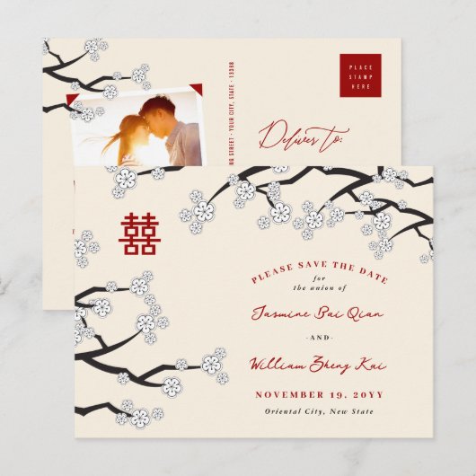 Witte Kersenbloesem Chinese bruiloft Save The Date Aankondigingskaart (Voorkant / Achterkant)
