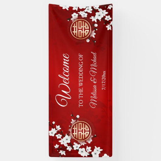 Witte Kersenbloesem Chinese bruiloft Spandoek (Verticaal)