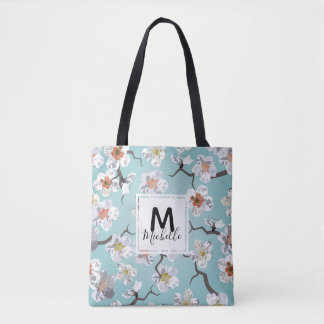 Witte Kersenbloesem Kleurrijk Monogram Tote Bag