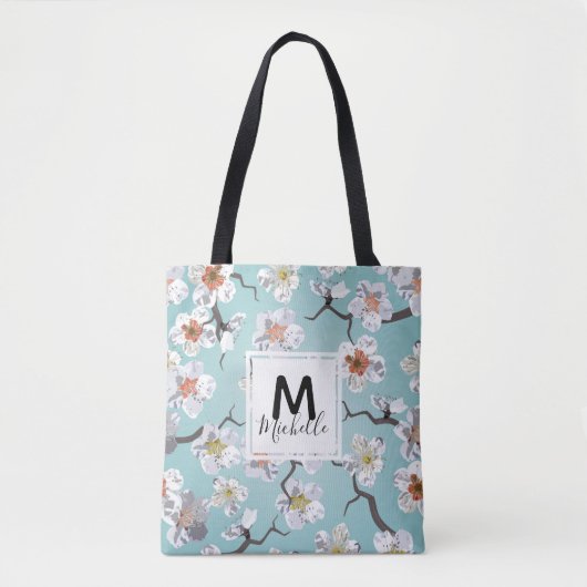 Witte Kersenbloesem Kleurrijk Monogram Tote Bag (Voorkant)