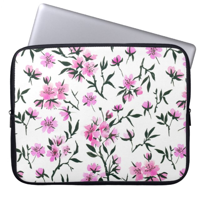 Witte kersenbloesem op wit laptop sleeve (Voorkant)