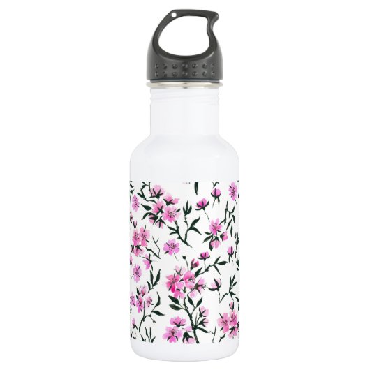 Witte kersenbloesem op wit waterfles  (Voorkant)