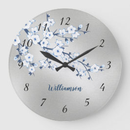 Witte Kersenbloesem Zilver Folie Monogram Grote Klok