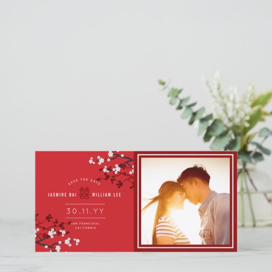 Witte Kersenbloesems Dubbel Geluk Aziatisch Foto Save The Date (Staand voorkant)