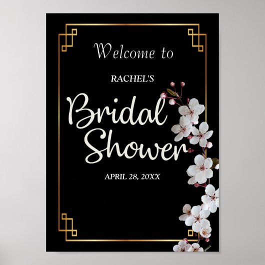 witte Kersenbloesems & gouden Frame Bruidsdouche Poster (Voorkant)