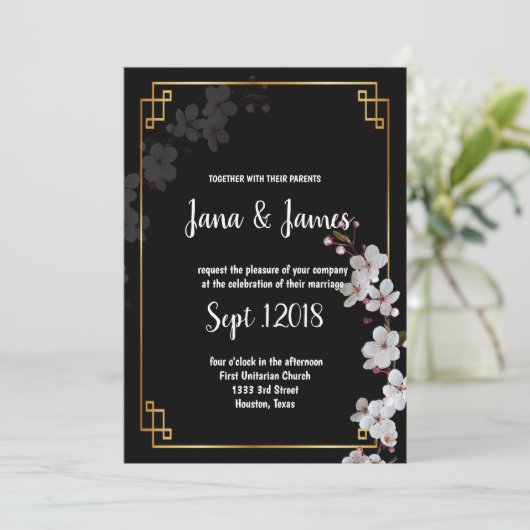 Witte Kersenbloesems & gouden Lijst bruiloft Kaart (Staand voorkant)