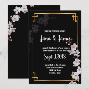 Witte Kersenbloesems & gouden Lijst bruiloft Kaart