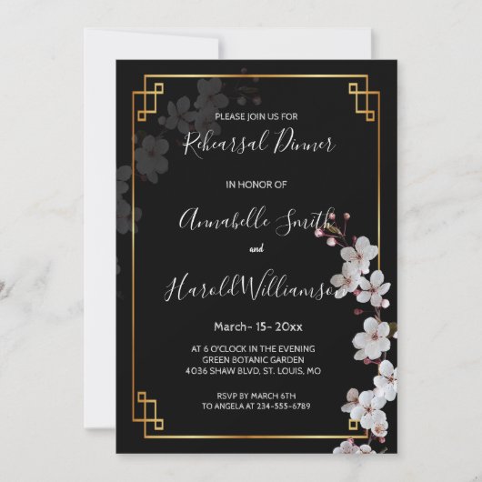 Witte Kersenbloesems & gouden Lijst Repetitie Dinn Kaart (Voorkant)