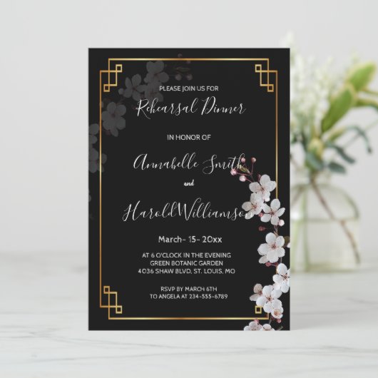 Witte Kersenbloesems & gouden Lijst Repetitie Dinn Kaart (Staand voorkant)