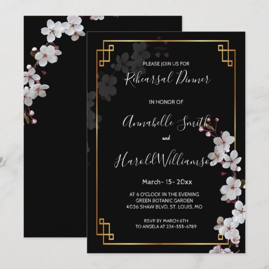 Witte Kersenbloesems & gouden Lijst Repetitie Dinn Kaart (Voorkant / Achterkant)