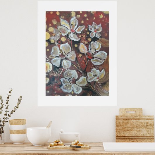 Witte kersenbloesems op bokeh achtergrond poster (Keuken)