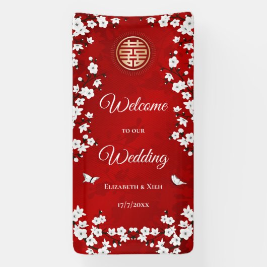 Witte Kersenbloesems Rood | Chinese Huwelijk Spandoek (Verticaal)