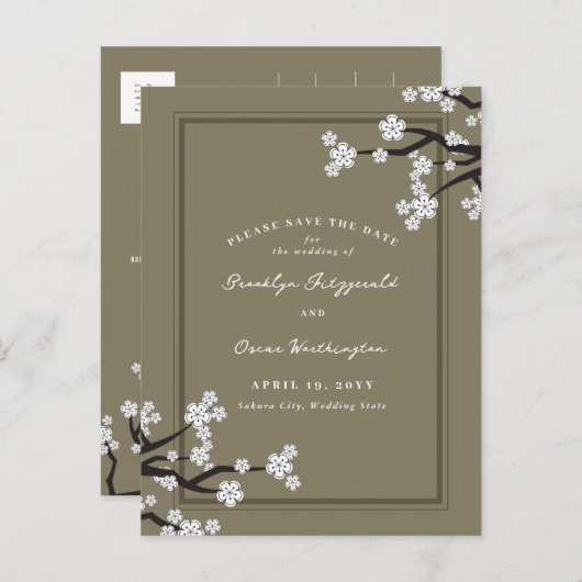 Witte Kersenbloesems Sakura Aziatisch Save The Dat Aankondigingskaart (Voorkant / Achterkant)