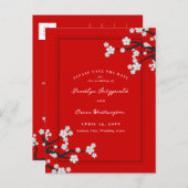 Witte Kersenbloesems Sakura Aziatisch Save The Dat Aankondigingskaart (Voorkant / Achterkant)