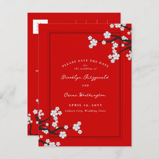 Witte Kersenbloesems Sakura Aziatisch Save The Dat Aankondigingskaart (Voorkant / Achterkant)