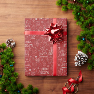 Witte kerst contouren op Fire Brick Red Cadeaupapier