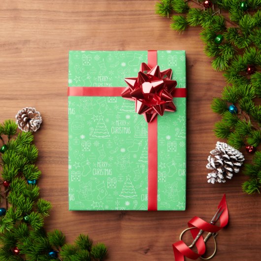 Witte kerst contouren op groen cadeaupapier (Feestdagen Geschenken)