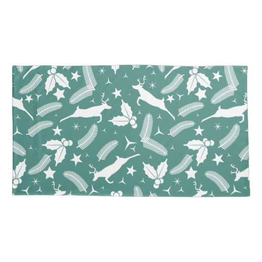 Witte kerst herten en kerst holly op groen kussensloop (Achterkant)