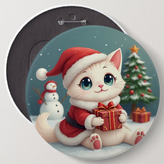 Witte Kerst Kat Button (Voorkant /achterkant)