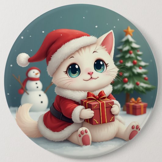 Witte Kerst Kat Button (Voorkant)
