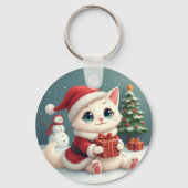 Witte Kerst Kat Button Sleutelhanger (Voorkant)