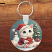 Witte Kerst Kat Button Sleutelhanger (Achterkant)