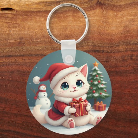 Witte Kerst Kat Button Sleutelhanger (Achterkant)