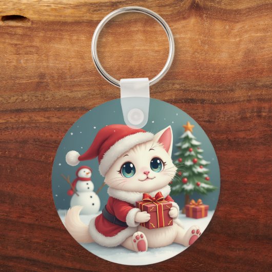 Witte Kerst Kat Button Sleutelhanger (Voorkant)