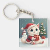 Witte Kerst Kat Button Sleutelhanger (voorkant)