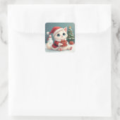 Witte Kerst Kat Button Vierkante Sticker (Tas)