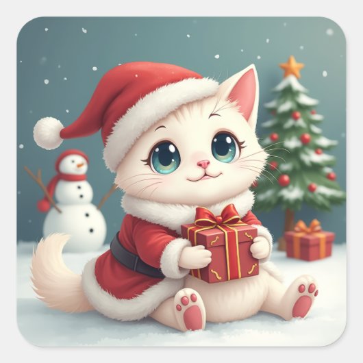 Witte Kerst Kat Button Vierkante Sticker (Voorkant)
