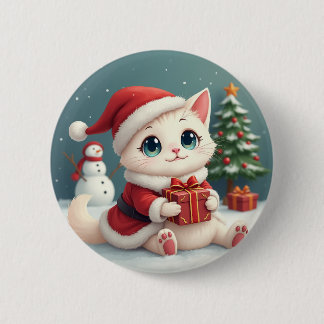 Witte Kerst Kat Buttonnen Ronde Button 5,7 Cm