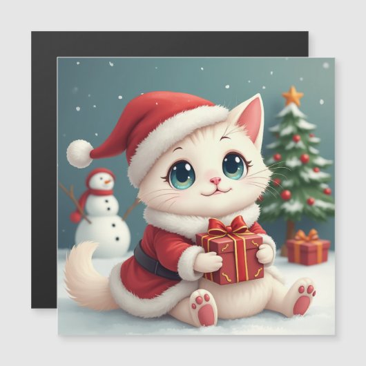 Witte Kerst Kat Magnetische Kaart (Voorkant / Achterkant)