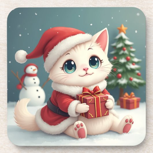 Witte Kerst Kat Onderzetter (Voorkant)