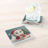 Witte Kerst Kat Onderzetter (Schuin)