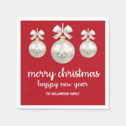 Witte Kerst Ornamenten op Rood, gepersonaliseerd Servetten (Voorkant)