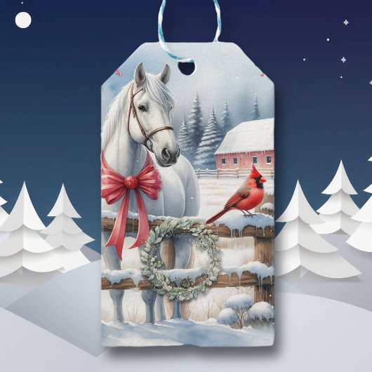 Witte Kerst Paard en Kardinaal Cadeaulabel