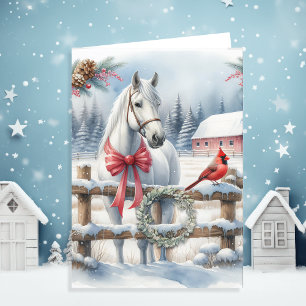 Witte Kerst Paard en Kardinaal Gepersonaliseerd Feestdagen Kaart