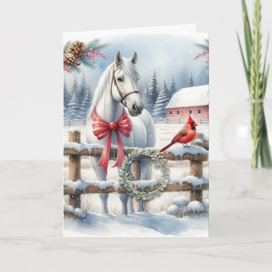 Witte Kerst Paard en Kardinaal Gepersonaliseerd Feestdagen Kaart (Voorkant)