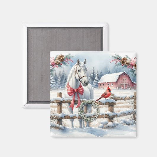 Witte Kerst Paard en Kardinaal Magneet (Voorkant / Achterkant)