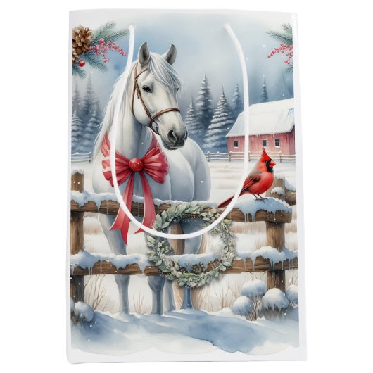 Witte Kerst Paard en Kardinaal Medium Cadeauzakje (Voorkant)