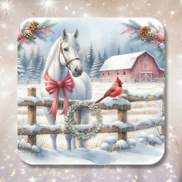 Witte Kerst Paard en Kardinaal Vierkante Sticker